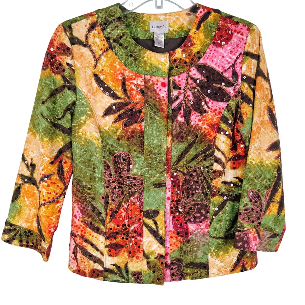Chicos Womens SZ 0 Floral Sequin Beaded Jacket Multicolor Cotton Art to Wear